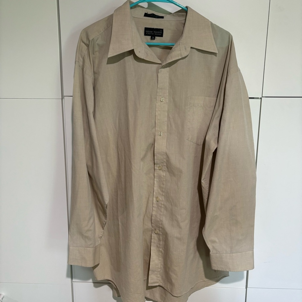 Salvatore Pellegrino Mens Button Down Dress Shirt Beige Tan Cotton 18 Italy Work